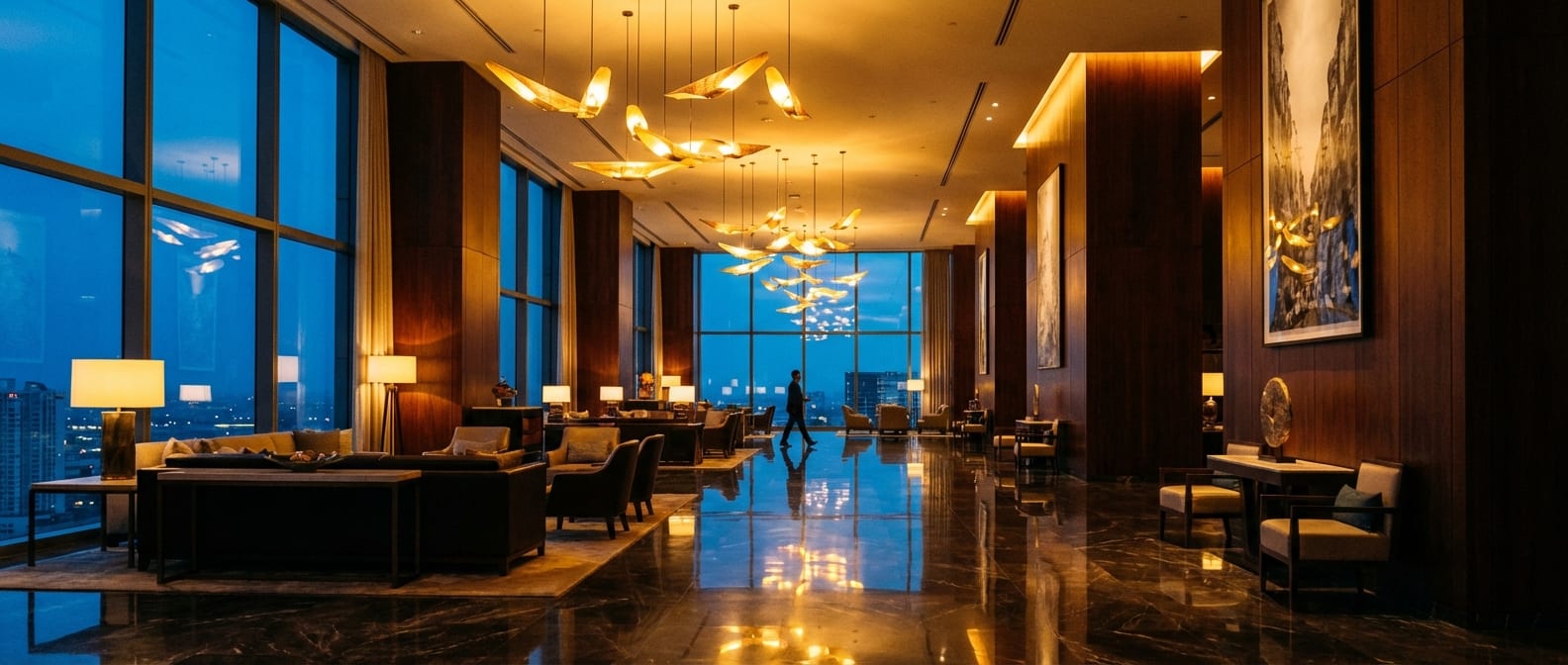 Luxury hotel lobby at twilight with warm ambient lighting