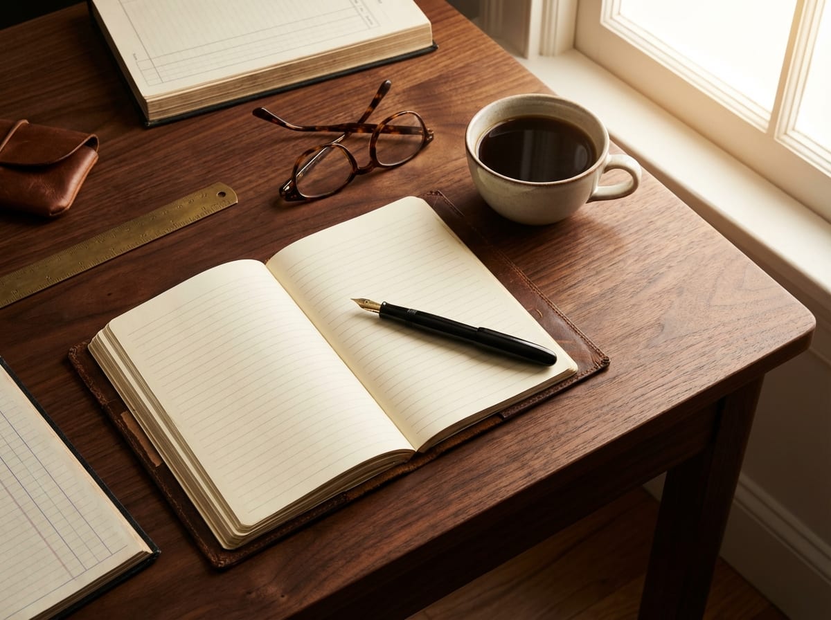 Fountain pen and notebook on walnut desk