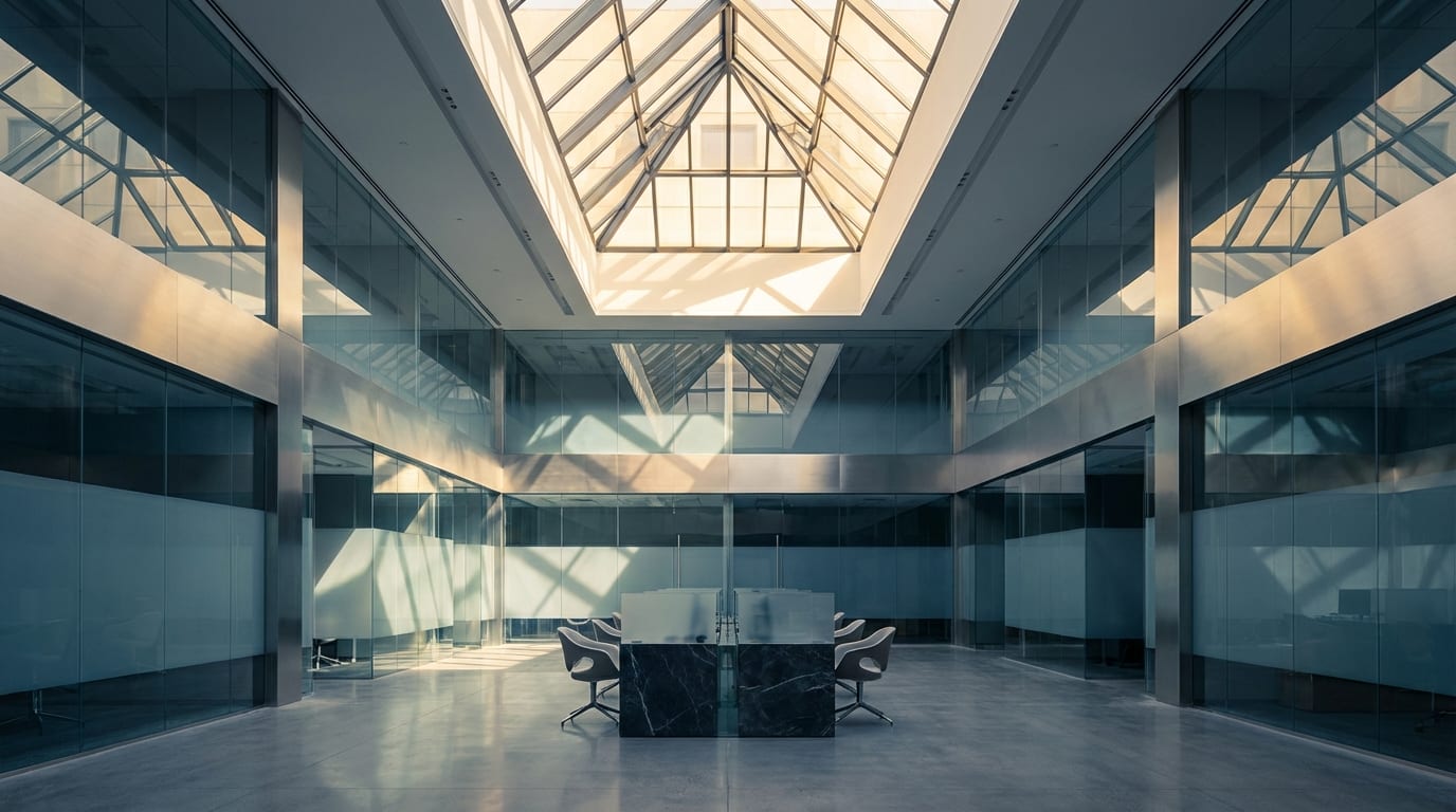Modern bank branch interior with natural light and marble