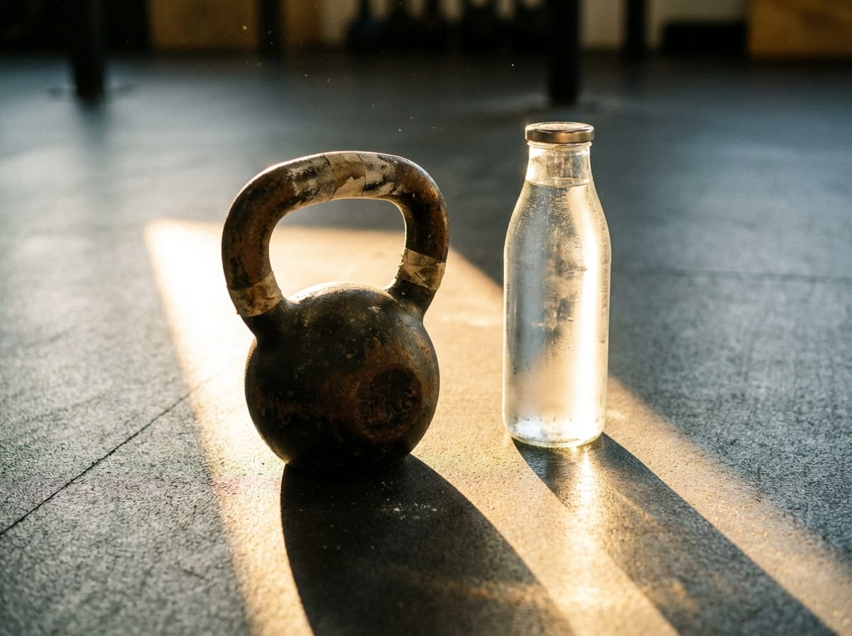 Kettlebell and water bottle in morning gym light