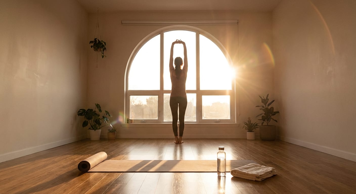 Person stretching in sunlit room