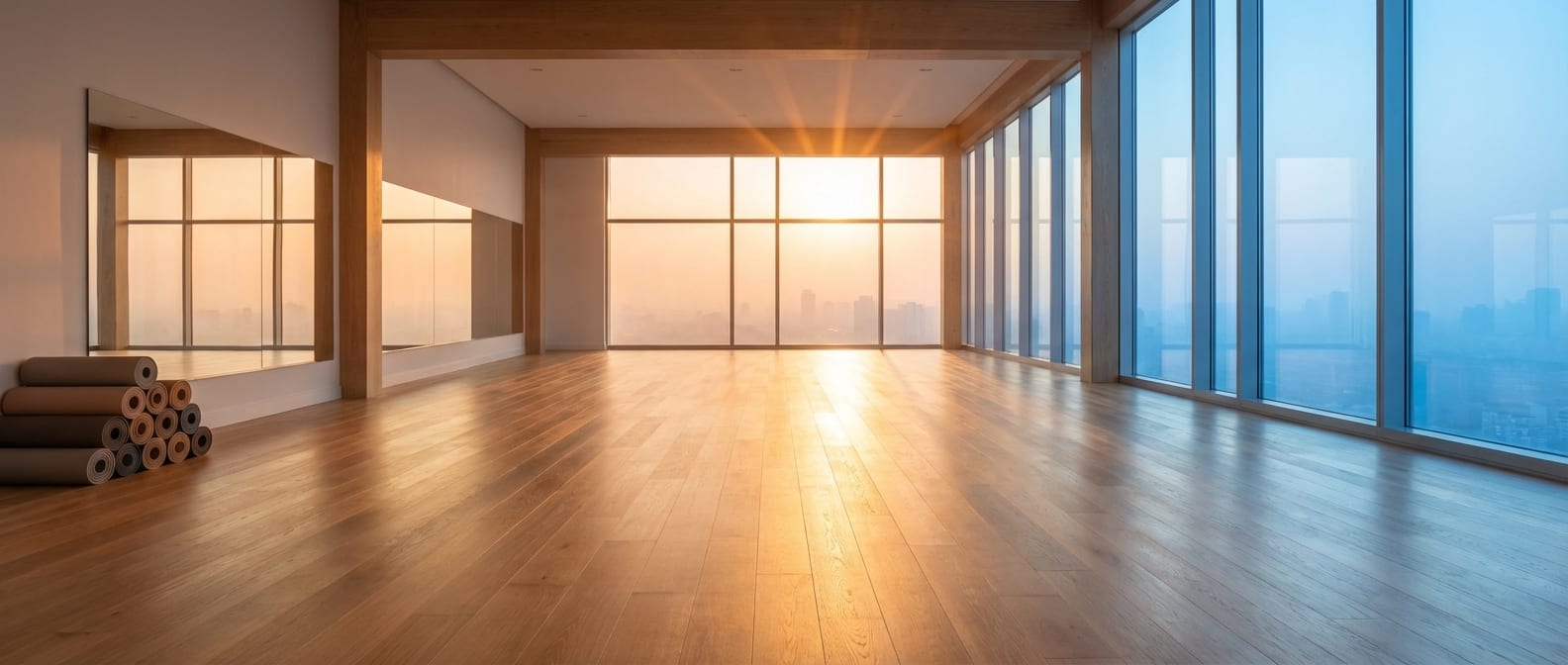 Empty fitness studio at dawn with warm sunrise light