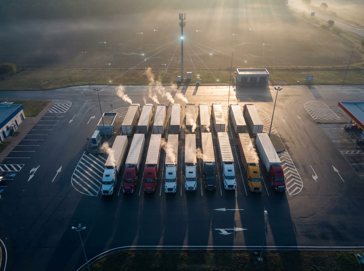 Truck stop at dawn with geometric parking patterns