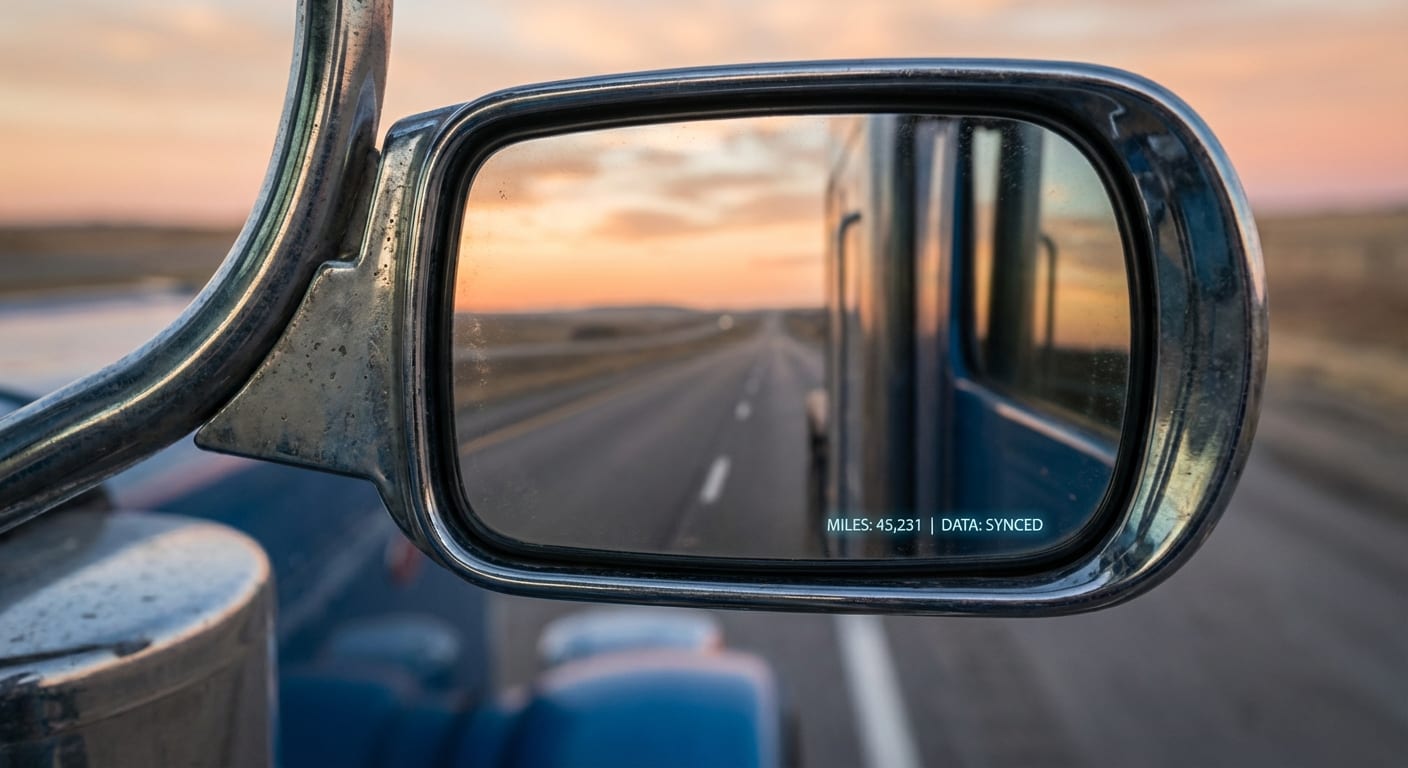 Truck side mirror reflecting a long highway at dawn