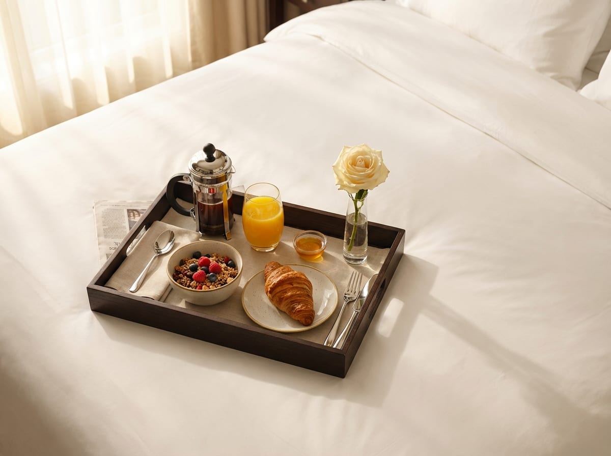 Hotel room service breakfast tray in morning light
