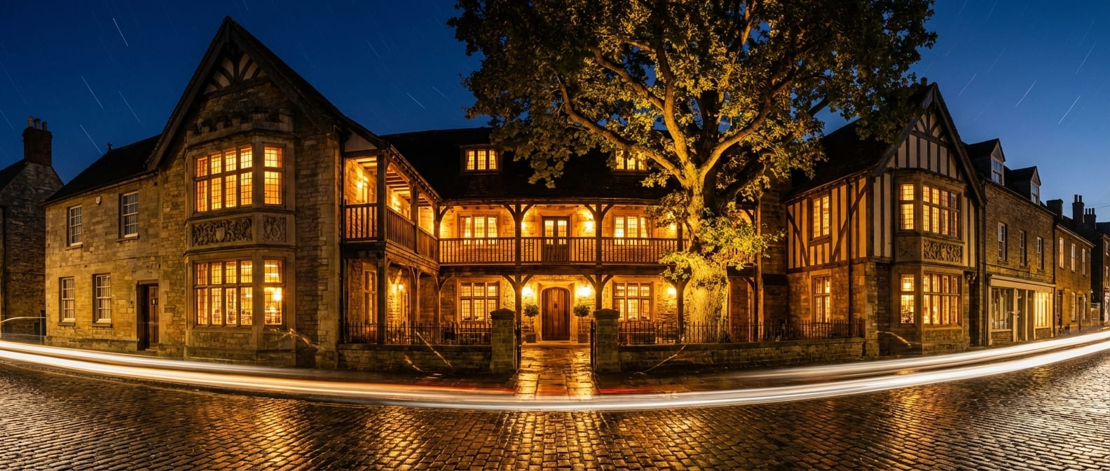 Boutique hotel exterior glowing warmly at night