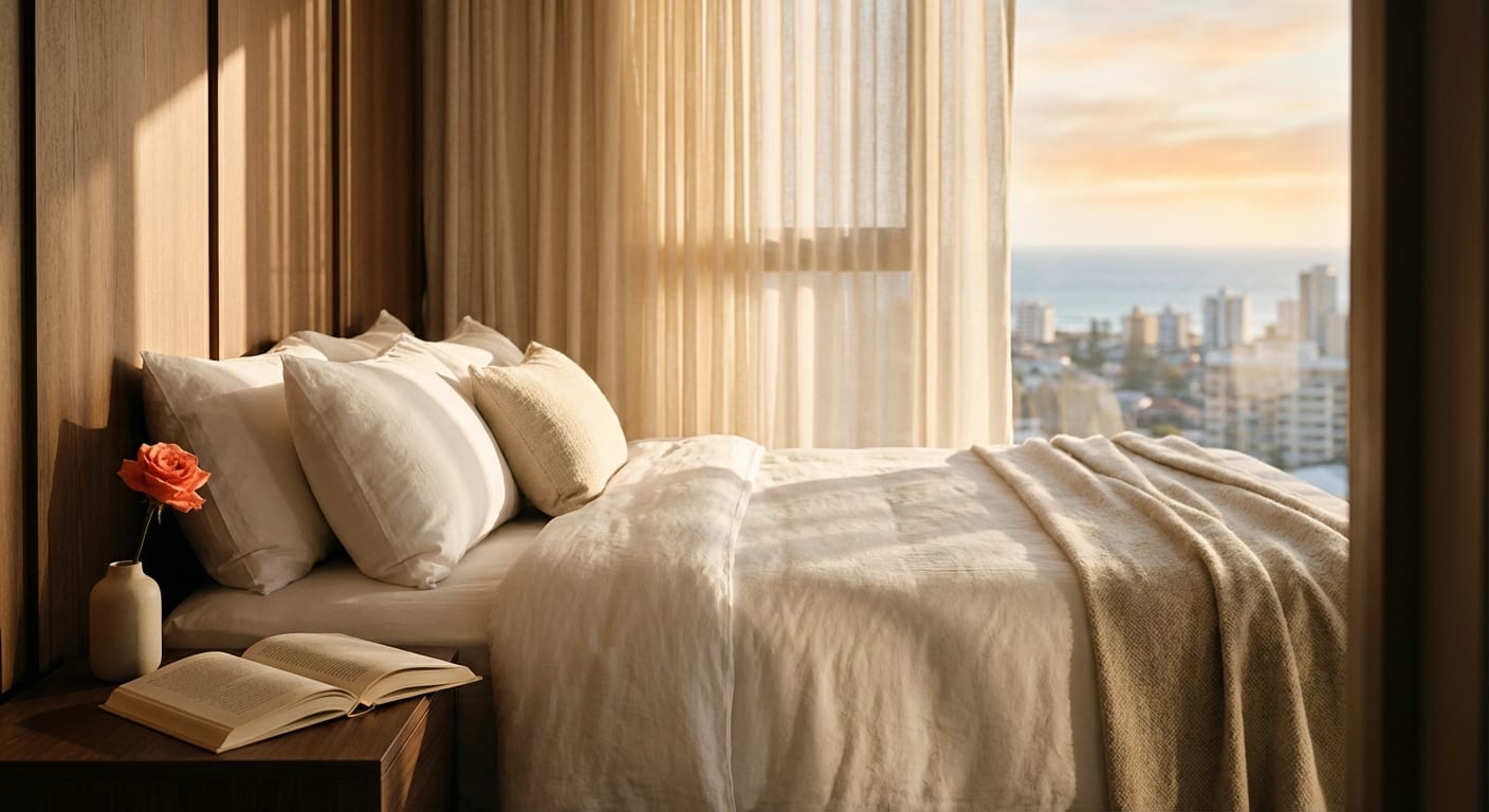Luxury hotel room at golden hour with crisp white linens