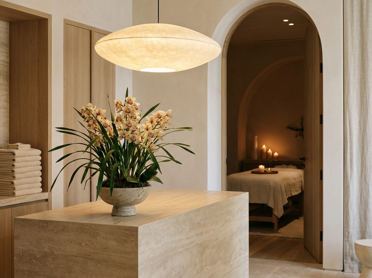 Luxury hotel spa reception with warm lighting