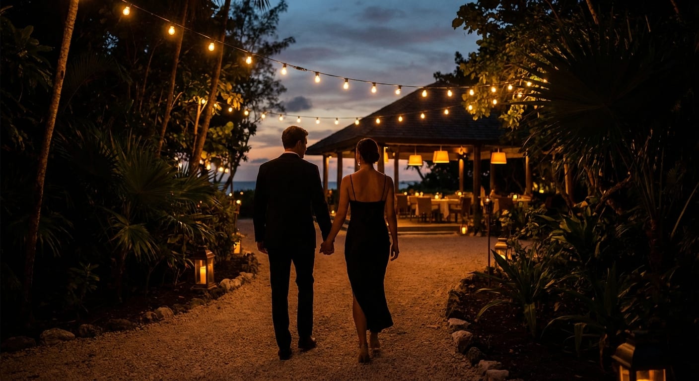 Guests on resort path at dusk