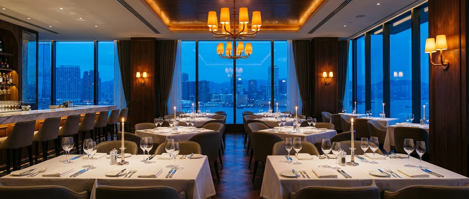 Luxury hotel restaurant before dinner service at twilight