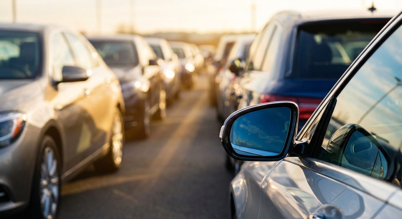 Luxury vehicles through shallow depth of field on dealership lot