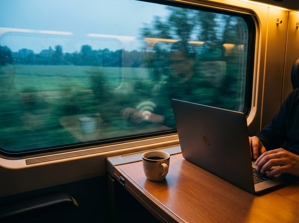Laptop on train with blurred countryside passing