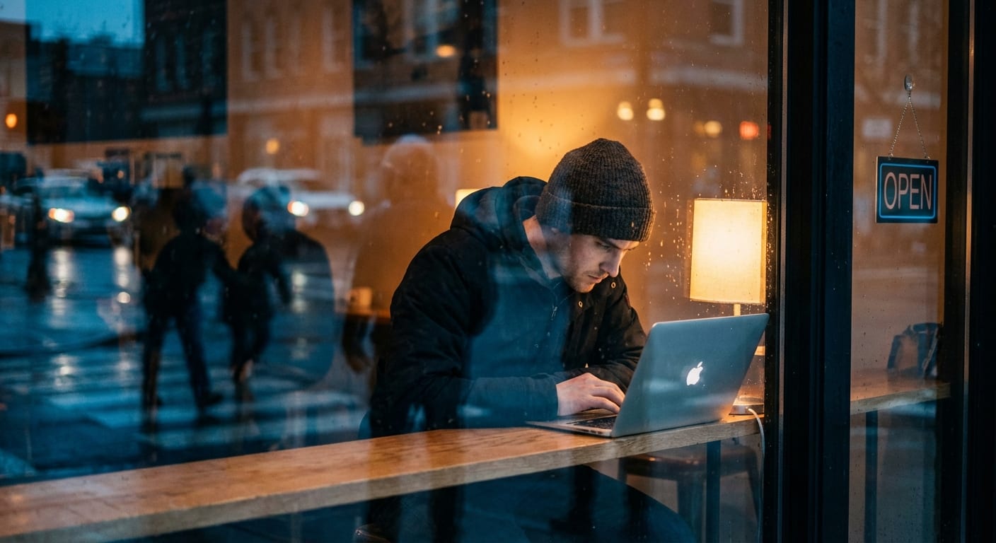 Person working productively at cafe window seat