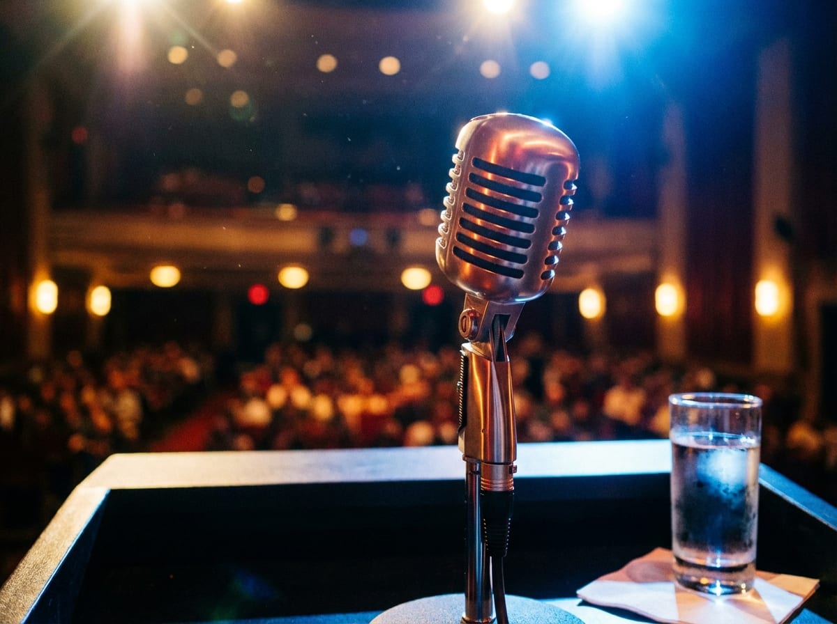 Microphone on conference podium with stage lighting