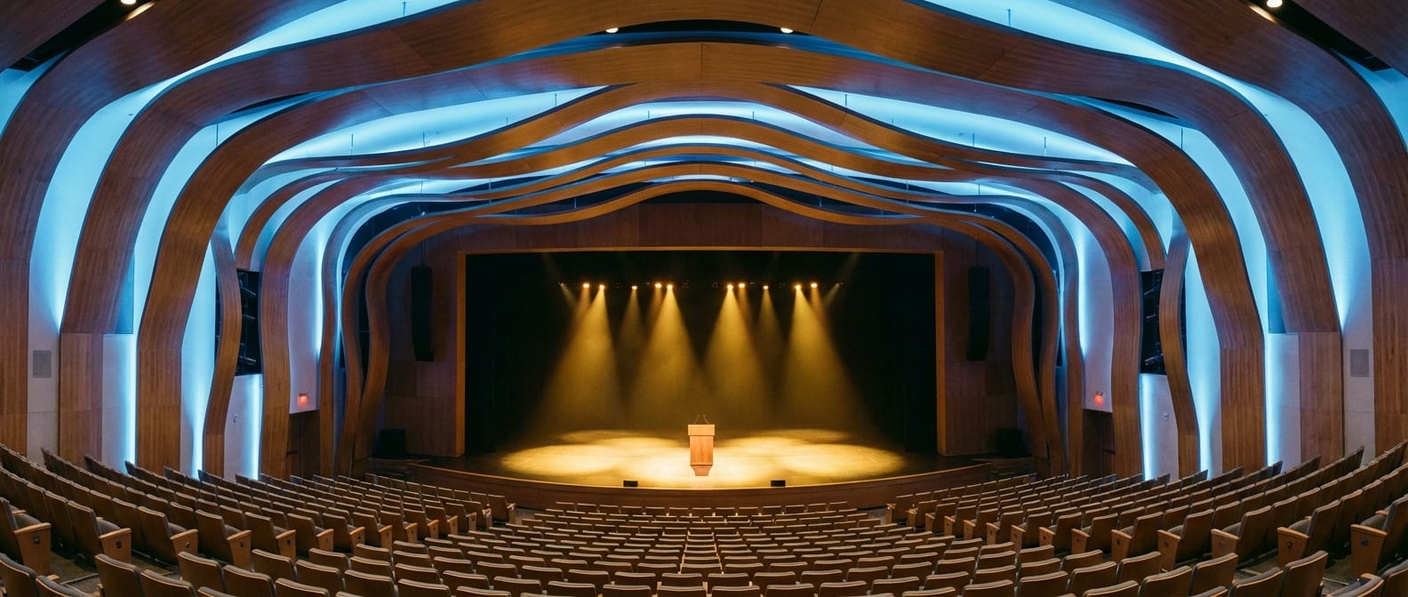 Modern conference venue with dramatic stage lighting