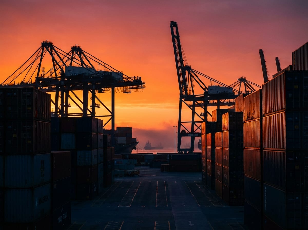 Container port at dawn with cranes silhouetted against dramatic sky