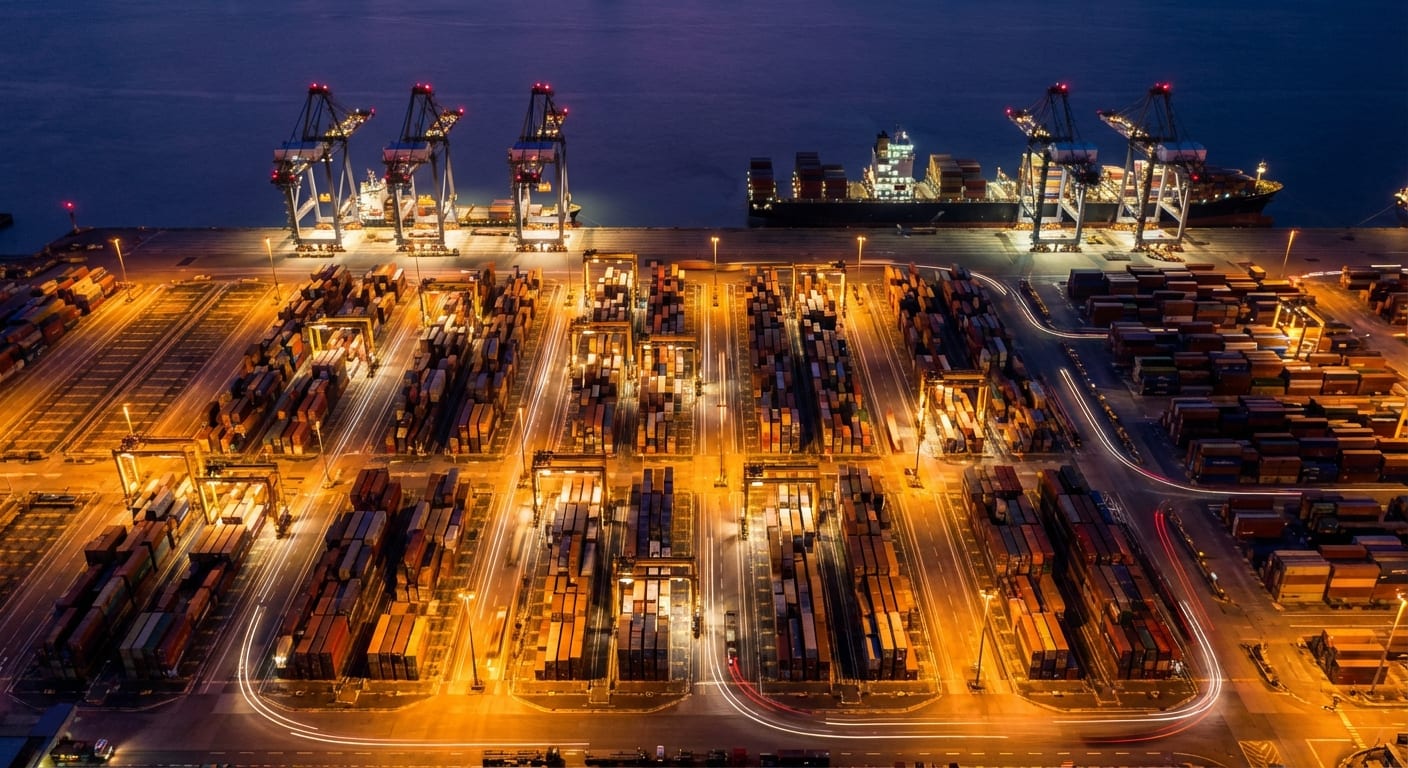 Container port illuminated at night