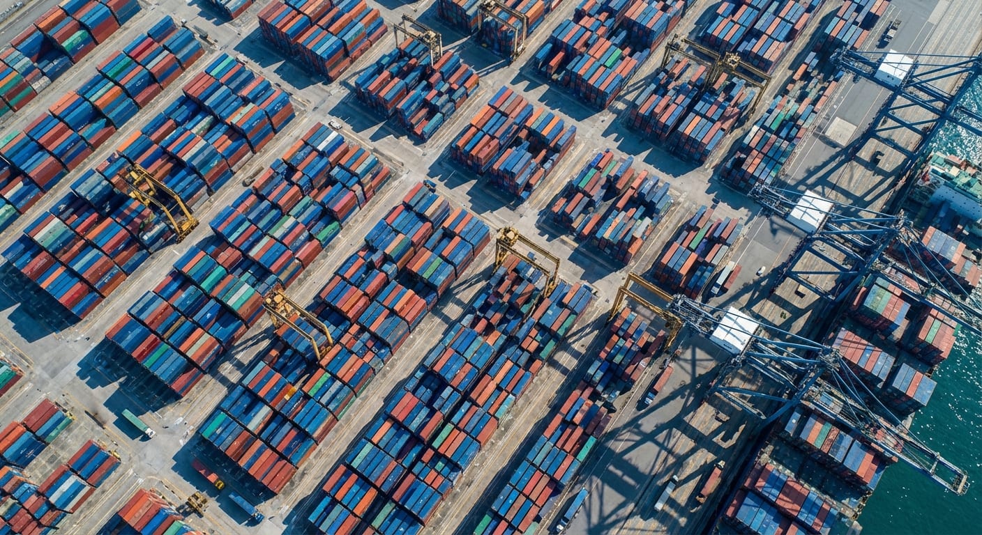 Aerial view of container port in full operation