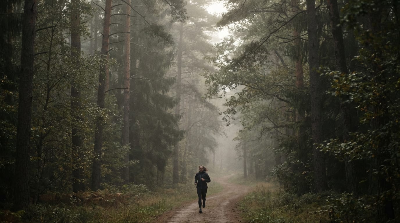 Runner on misty forest trail — freedom of movement