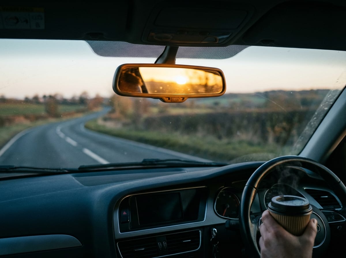 Car rearview mirror reflecting sunrise