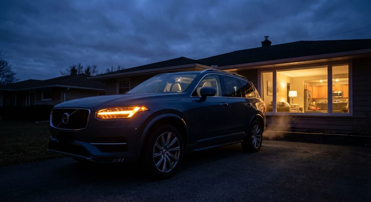 Car in driveway at dusk with headlights glowing warmly